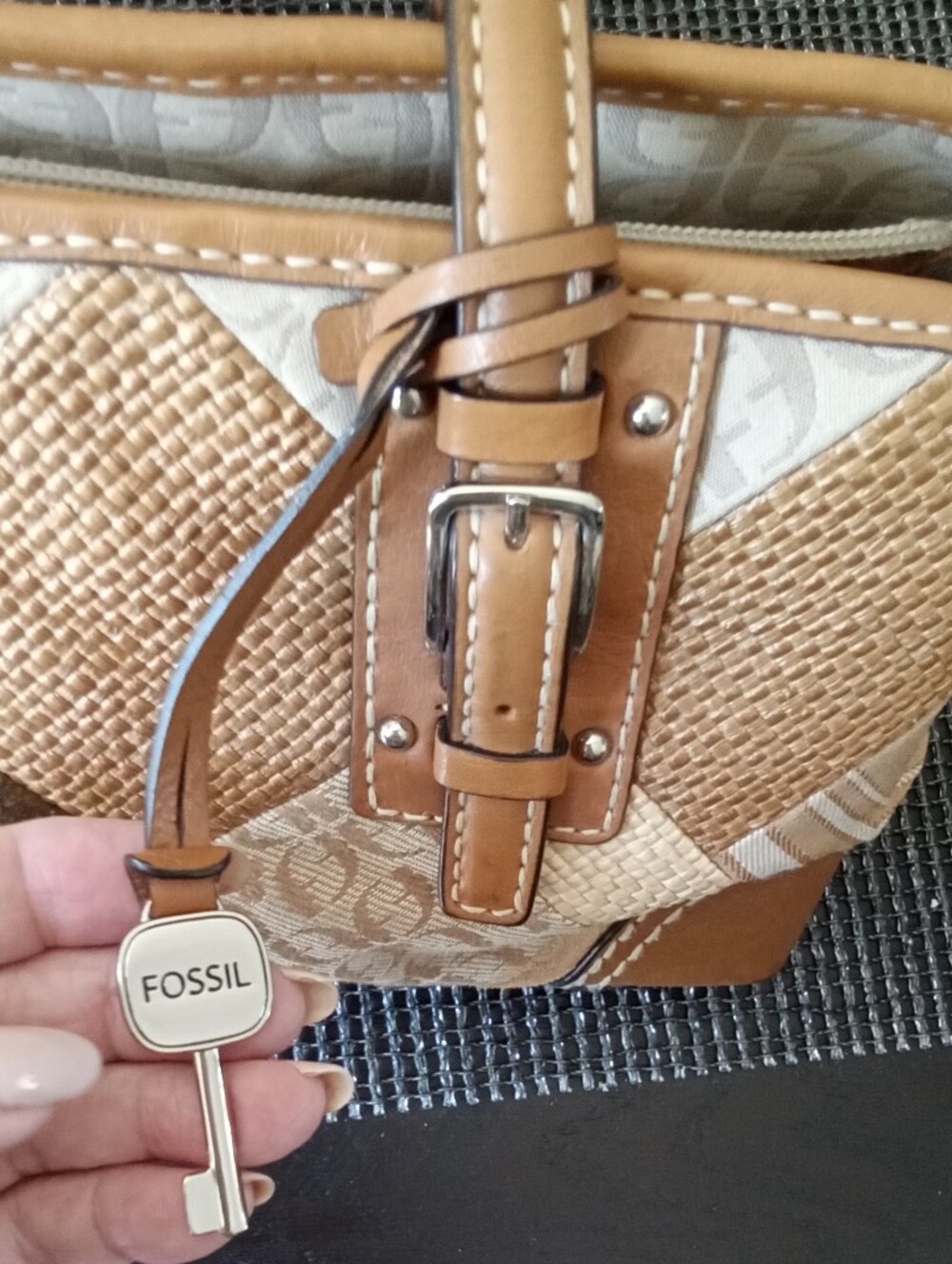 Fossil Patchwork Tan Brown Leather Handbag